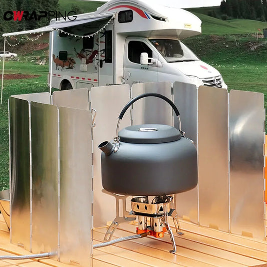 Foldable Camping Stove Windshield – Lightweight Aluminum Wind Block for Gas Burner, 8 or 10 Plates